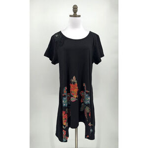 Princess Cruises Black Floral Rhinestone T Shirt Dress Asymmetrical Hem Sz L